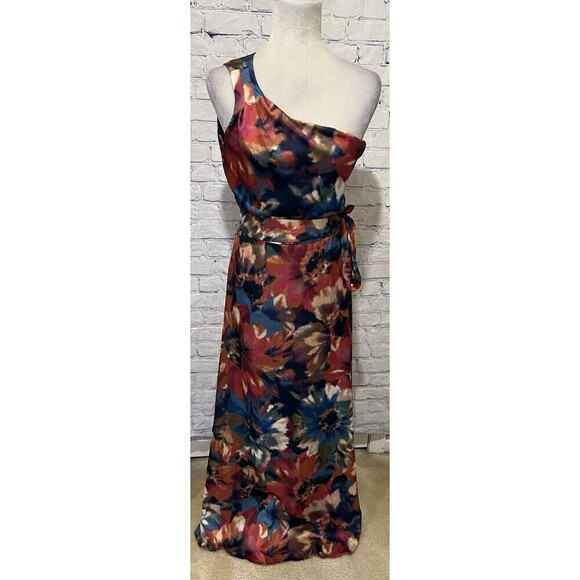 Nicole Miller NY Floral Silky Split Leg One Shoulder Maxi Dress Belted Size 6 - Picture 2 of 9